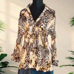 Stoni Sheer Animal Print Ruffle Blouse (Size XL)